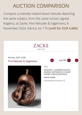 SANGETSU: A RARE EBONY WOOD NETSUKE OF A WASP IN A PEAR