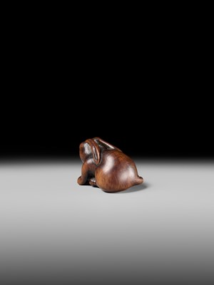 Lot 143 - MASATOMO: A RARE WOOD NETSUKE OF A HARE WITH MUSHROOM