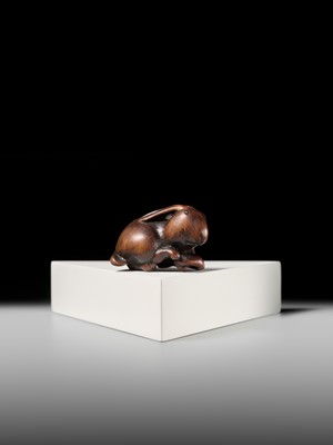 Lot 143 - MASATOMO: A RARE WOOD NETSUKE OF A HARE WITH MUSHROOM