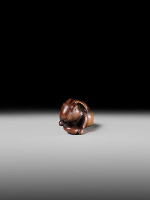 Lot 143 - MASATOMO: A RARE WOOD NETSUKE OF A HARE WITH MUSHROOM