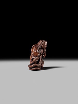Lot 381 - HIDEYUKI KOSEI: A CONTEMPORARY WOOD NETSUKE OF SUSANOO NO MIKOTO AND THE SNAKE