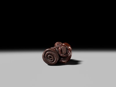 Lot 381 - HIDEYUKI KOSEI: A CONTEMPORARY WOOD NETSUKE OF SUSANOO NO MIKOTO AND THE SNAKE