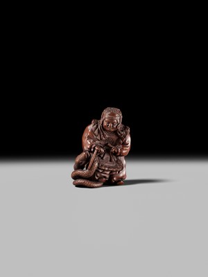 Lot 381 - HIDEYUKI KOSEI: A CONTEMPORARY WOOD NETSUKE OF SUSANOO NO MIKOTO AND THE SNAKE