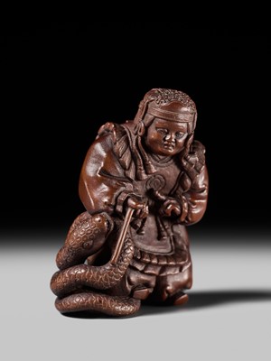 Lot 381 - HIDEYUKI KOSEI: A CONTEMPORARY WOOD NETSUKE OF SUSANOO NO MIKOTO AND THE SNAKE