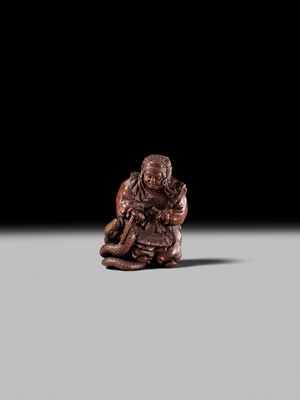 Lot 381 - HIDEYUKI KOSEI: A CONTEMPORARY WOOD NETSUKE OF SUSANOO NO MIKOTO AND THE SNAKE