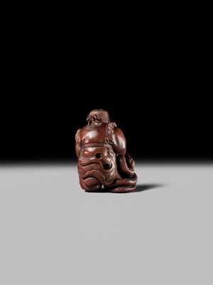 Lot 381 - HIDEYUKI KOSEI: A CONTEMPORARY WOOD NETSUKE OF SUSANOO NO MIKOTO AND THE SNAKE