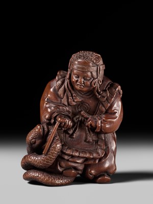 Lot 381 - HIDEYUKI KOSEI: A CONTEMPORARY WOOD NETSUKE OF SUSANOO NO MIKOTO AND THE SNAKE