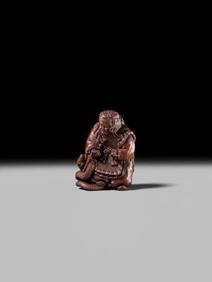 Lot 381 - HIDEYUKI KOSEI: A CONTEMPORARY WOOD NETSUKE OF SUSANOO NO MIKOTO AND THE SNAKE
