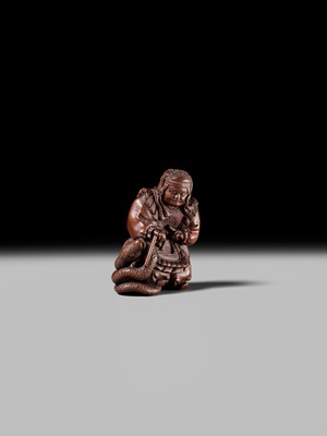 Lot 381 - HIDEYUKI KOSEI: A CONTEMPORARY WOOD NETSUKE OF SUSANOO NO MIKOTO AND THE SNAKE