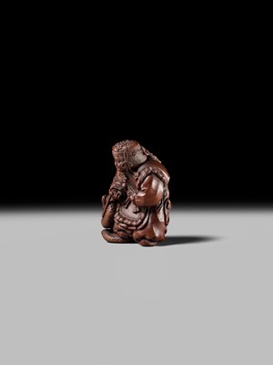 Lot 381 - HIDEYUKI KOSEI: A CONTEMPORARY WOOD NETSUKE OF SUSANOO NO MIKOTO AND THE SNAKE