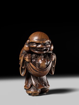 Lot 129 - AN EARLY OSAKA SCHOOL WOOD NETSUKE OF HOTEI AND A KARAKO