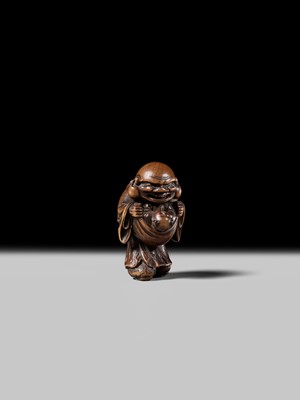 Lot 129 - AN EARLY OSAKA SCHOOL WOOD NETSUKE OF HOTEI AND A KARAKO