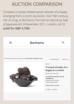 Lot 433 - KOMIN: A DARK WOOD NETSUKE OF A KAPPA EMERGING FROM A CONCH