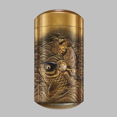 Lot 263 - A FINE FIVE-CASE LACQUER INRO DEPICTING KINKO SENNIN RIDING HIS CARP