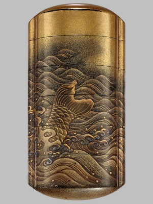 Lot 263 - A FINE FIVE-CASE LACQUER INRO DEPICTING KINKO SENNIN RIDING HIS CARP