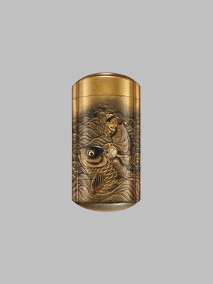 Lot 263 - A FINE FIVE-CASE LACQUER INRO DEPICTING KINKO SENNIN RIDING HIS CARP