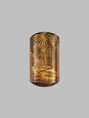 Lot 278 - TACHIBANA GYOKUZAN: A FINE METAL-INLAID FIVE-CASE LACQUER INRO WITH A CHINESE SAGE