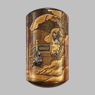 Lot 278 - TACHIBANA GYOKUZAN: A FINE METAL-INLAID FIVE-CASE LACQUER INRO WITH A CHINESE SAGE