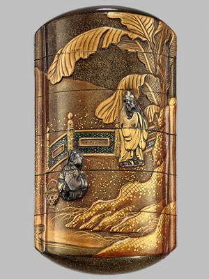 Lot 278 - TACHIBANA GYOKUZAN: A FINE METAL-INLAID FIVE-CASE LACQUER INRO WITH A CHINESE SAGE