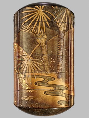 Lot 278 - TACHIBANA GYOKUZAN: A FINE METAL-INLAID FIVE-CASE LACQUER INRO WITH A CHINESE SAGE