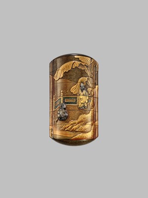 Lot 278 - TACHIBANA GYOKUZAN: A FINE METAL-INLAID FIVE-CASE LACQUER INRO WITH A CHINESE SAGE