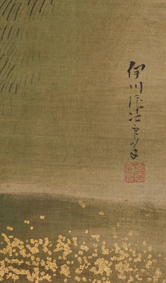 KANO ISEN’IN NAGANOBU: A FINE PAIR OF SIX-PANEL CHUGATA BYOBU (MEDIUM-SIZED FOLDING SCREENS) DEPICTING BIRDS IN A LANDSCAPE