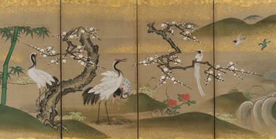 KANO ISEN’IN NAGANOBU: A FINE PAIR OF SIX-PANEL CHUGATA BYOBU (MEDIUM-SIZED FOLDING SCREENS) DEPICTING BIRDS IN A LANDSCAPE