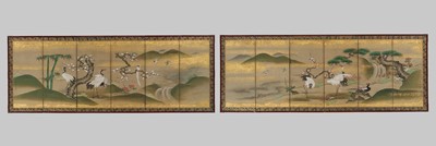 KANO ISEN’IN NAGANOBU: A FINE PAIR OF SIX-PANEL CHUGATA BYOBU (MEDIUM-SIZED FOLDING SCREENS) DEPICTING BIRDS IN A LANDSCAPE