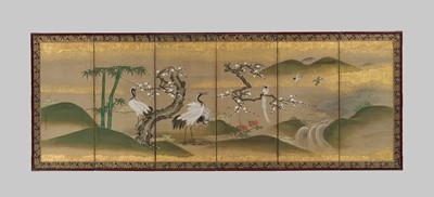 KANO ISEN’IN NAGANOBU: A FINE PAIR OF SIX-PANEL CHUGATA BYOBU (MEDIUM-SIZED FOLDING SCREENS) DEPICTING BIRDS IN A LANDSCAPE