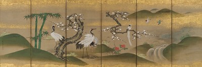 KANO ISEN’IN NAGANOBU: A FINE PAIR OF SIX-PANEL CHUGATA BYOBU (MEDIUM-SIZED FOLDING SCREENS) DEPICTING BIRDS IN A LANDSCAPE