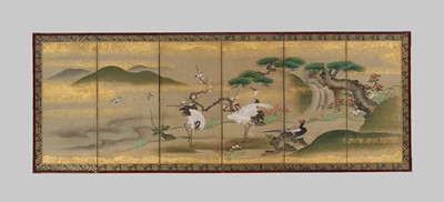 KANO ISEN’IN NAGANOBU: A FINE PAIR OF SIX-PANEL CHUGATA BYOBU (MEDIUM-SIZED FOLDING SCREENS) DEPICTING BIRDS IN A LANDSCAPE