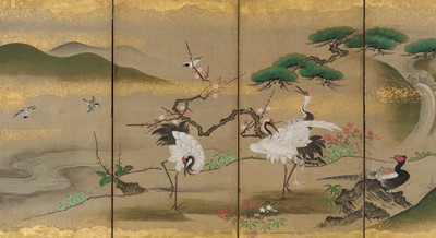 KANO ISEN’IN NAGANOBU: A FINE PAIR OF SIX-PANEL CHUGATA BYOBU (MEDIUM-SIZED FOLDING SCREENS) DEPICTING BIRDS IN A LANDSCAPE