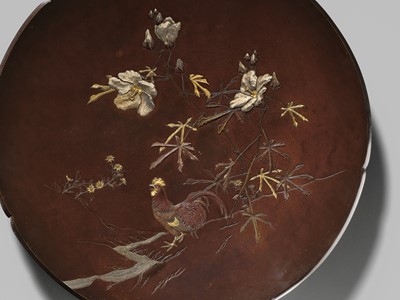 Lot 17 - NOGAWA: A FINE INLAID BRONZE LOBED DISH WITH COCKEREL AND HIBISCUS
