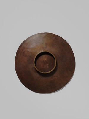 Lot 17 - NOGAWA: A FINE INLAID BRONZE LOBED DISH WITH COCKEREL AND HIBISCUS
