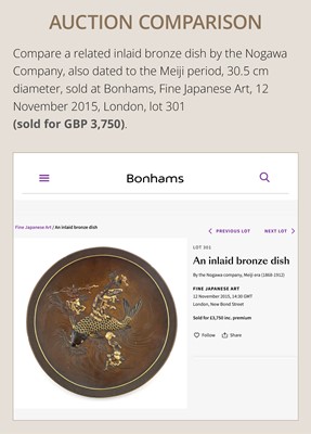 Lot 17 - NOGAWA: A FINE INLAID BRONZE LOBED DISH WITH COCKEREL AND HIBISCUS
