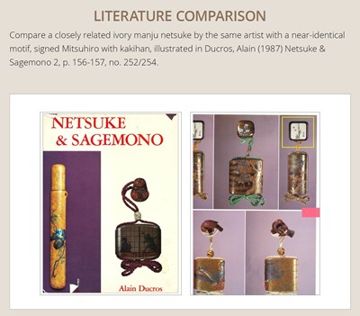 MITSUHIRO: A FINE WOOD AND IVORY MANJU NETSUKE DEPICTING A SPARROW AMONGST BAMBOO