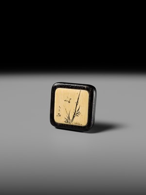 MITSUHIRO: A FINE WOOD AND IVORY MANJU NETSUKE DEPICTING A SPARROW AMONGST BAMBOO