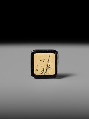 MITSUHIRO: A FINE WOOD AND IVORY MANJU NETSUKE DEPICTING A SPARROW AMONGST BAMBOO