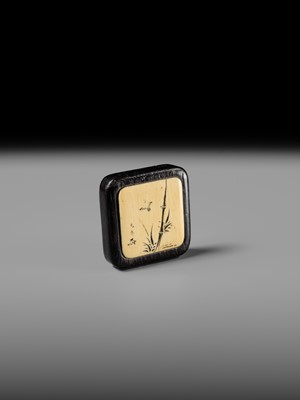 MITSUHIRO: A FINE WOOD AND IVORY MANJU NETSUKE DEPICTING A SPARROW AMONGST BAMBOO