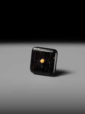 MITSUHIRO: A FINE WOOD AND IVORY MANJU NETSUKE DEPICTING A SPARROW AMONGST BAMBOO