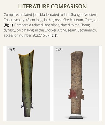 Lot 414 - A CALCIFIED CELADON JADE CEREMONIAL BLADE, ZHANG, WESTERN ZHOU DYNASTY