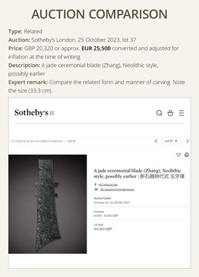 Lot 414 - A CALCIFIED CELADON JADE CEREMONIAL BLADE, ZHANG, WESTERN ZHOU DYNASTY