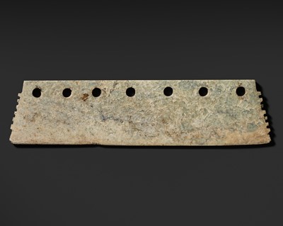 Lot 151 - A LARGE GREEN JADE CEREMONIAL AXE BLADE, DAO, QIJIA CULTURE