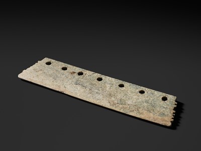 Lot 151 - A LARGE GREEN JADE CEREMONIAL AXE BLADE, DAO, QIJIA CULTURE