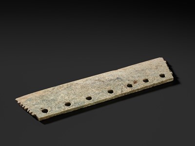 Lot 151 - A LARGE GREEN JADE CEREMONIAL AXE BLADE, DAO, QIJIA CULTURE
