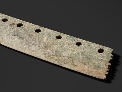 Lot 151 - A LARGE GREEN JADE CEREMONIAL AXE BLADE, DAO, QIJIA CULTURE