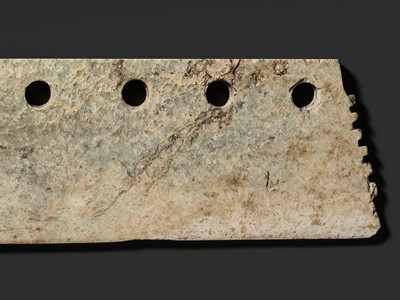 Lot 151 - A LARGE GREEN JADE CEREMONIAL AXE BLADE, DAO, QIJIA CULTURE