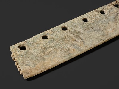 Lot 151 - A LARGE GREEN JADE CEREMONIAL AXE BLADE, DAO, QIJIA CULTURE