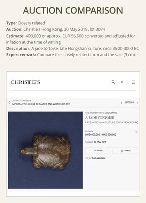 Lot 408 - A PALE GREEN JADE TURTLE, NEOLITHIC PERIOD, HONGSHAN CULTURE