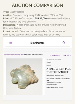 Lot 408 - A PALE GREEN JADE TURTLE, NEOLITHIC PERIOD, HONGSHAN CULTURE